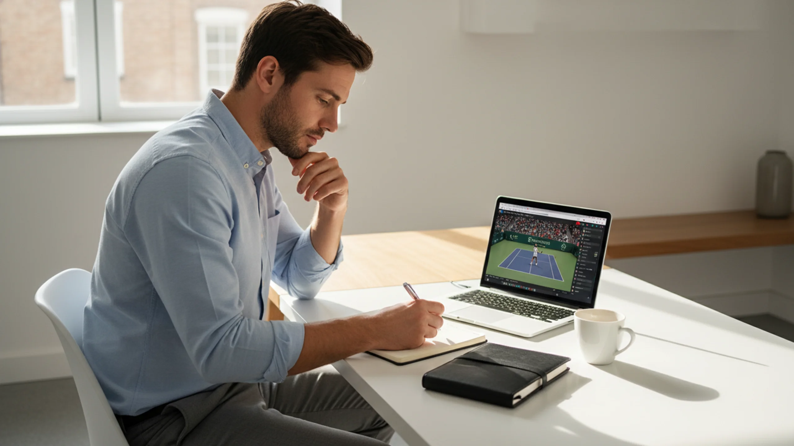 Person plant Wettstrategie am Laptop mit Notizen und Statistiken