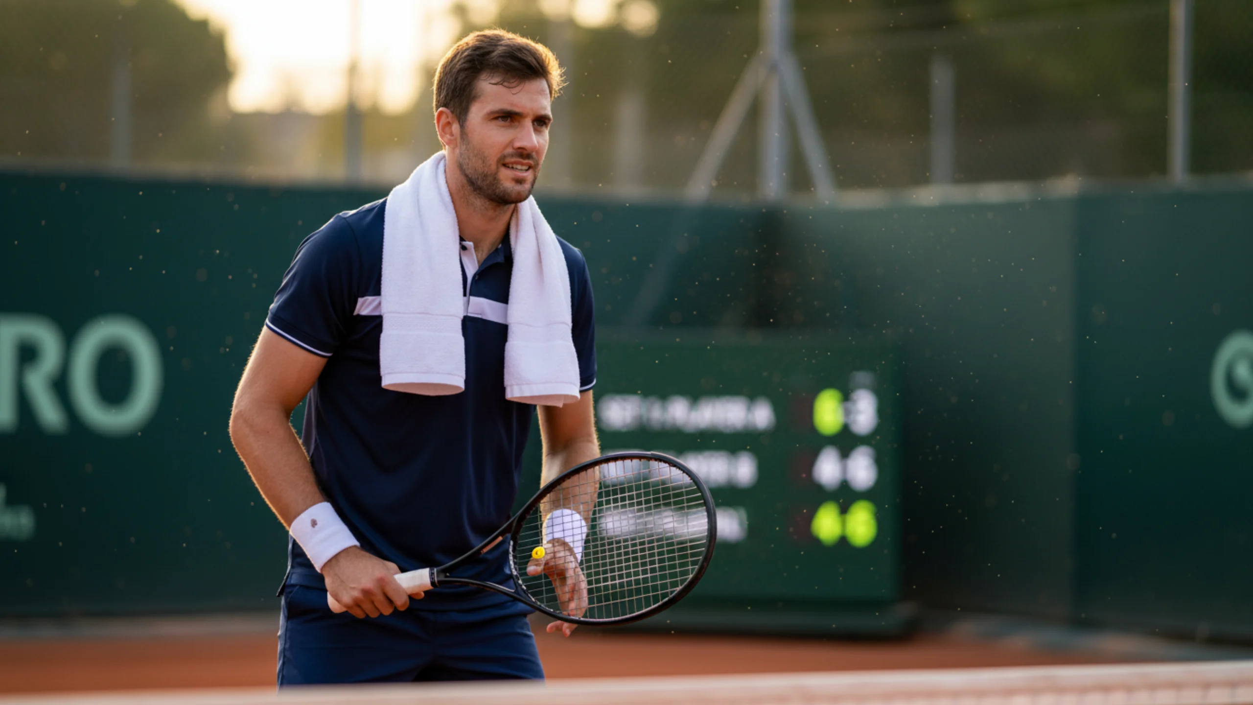 Entschlossener Tennisspieler bereitet sich auf ein Comeback nach verlorenem Satz vor
