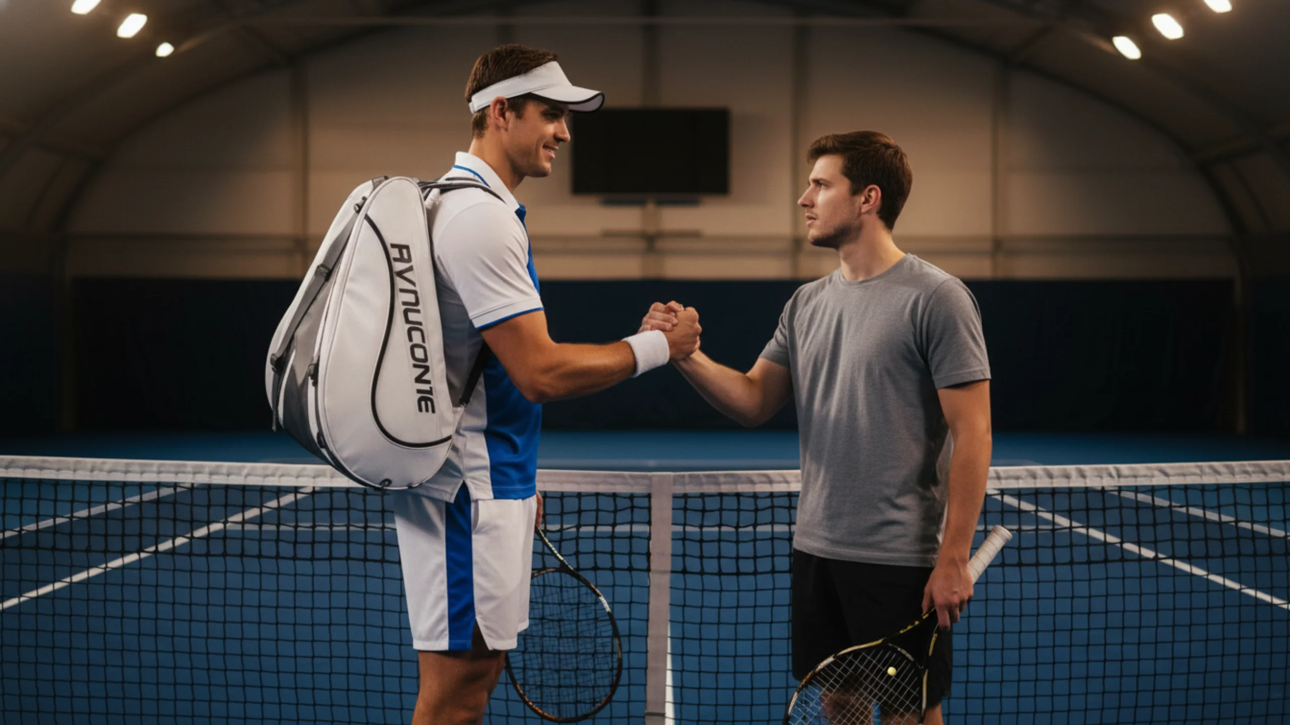 Zwei Tennisspieler unterschiedlicher Staerke stehen sich am Netz gegenueber
