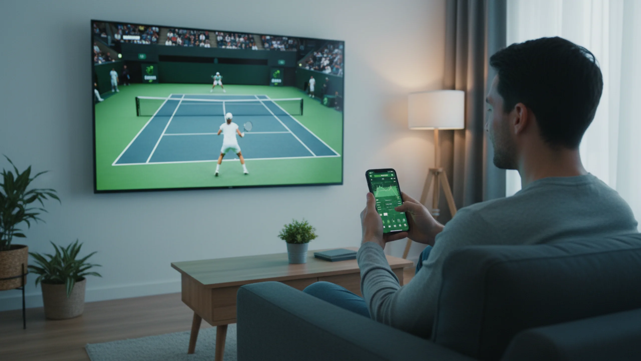 Tennis Live Wetten Grundlagen - Person verfolgt Tennismatch auf TV und nutzt Smartphone für Wettentscheidungen