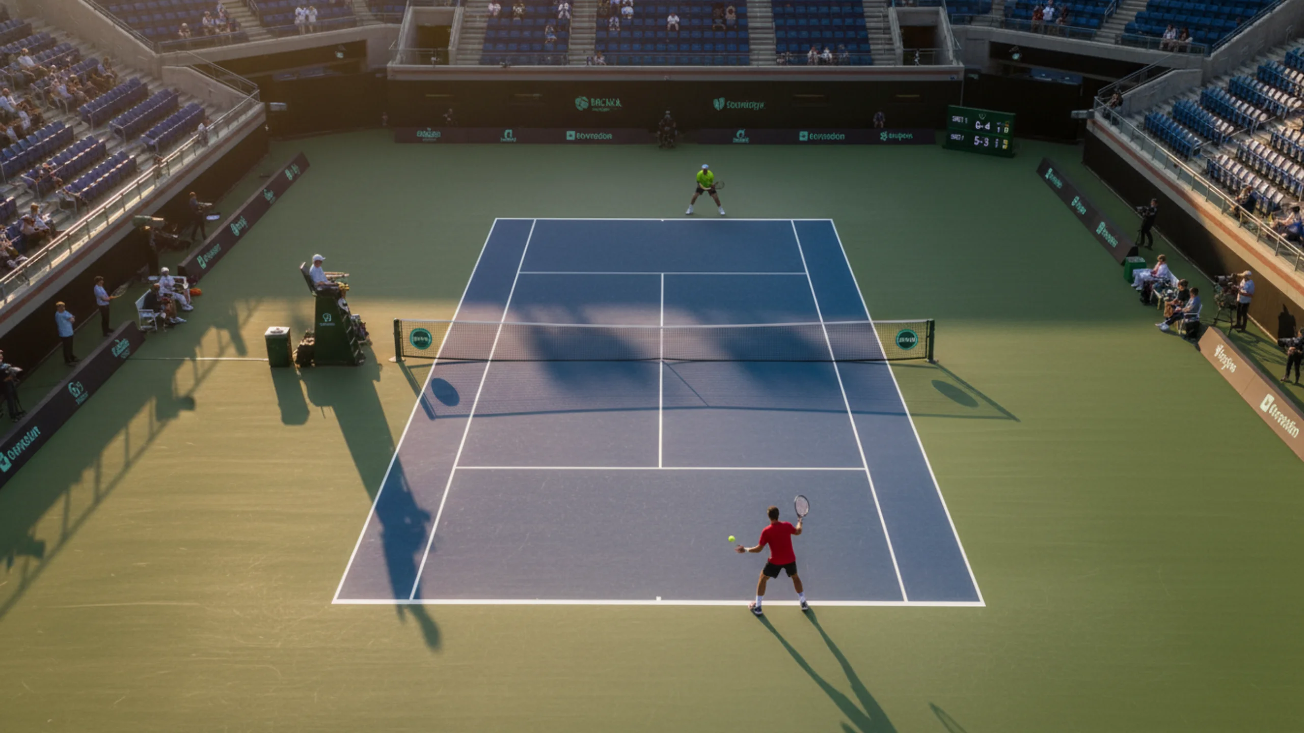 Tennisplatz von oben mit Anzeigetafel die Spielstaende zeigt