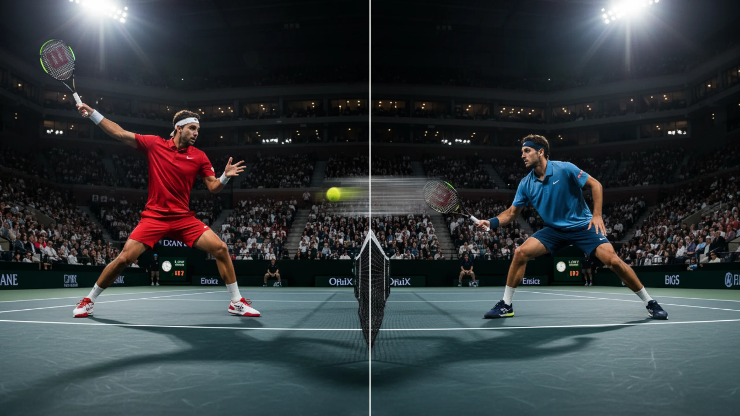 Zwei Tennisspieler mit unterschiedlichen Spielstilen während eines intensiven Ballwechsels