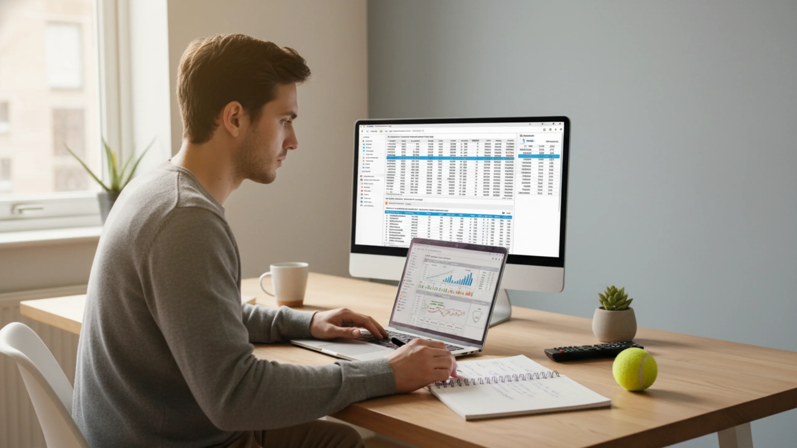 Person analysiert Tennisstatistiken am Laptop mit Notizblock daneben